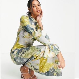 ASOS Design satin maxi dress in vintage patchwork floral with flared cuff